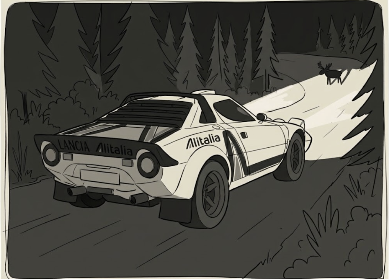 Lancia Stratos med fy, hittar älg, omvärldsbevakning med extraljus